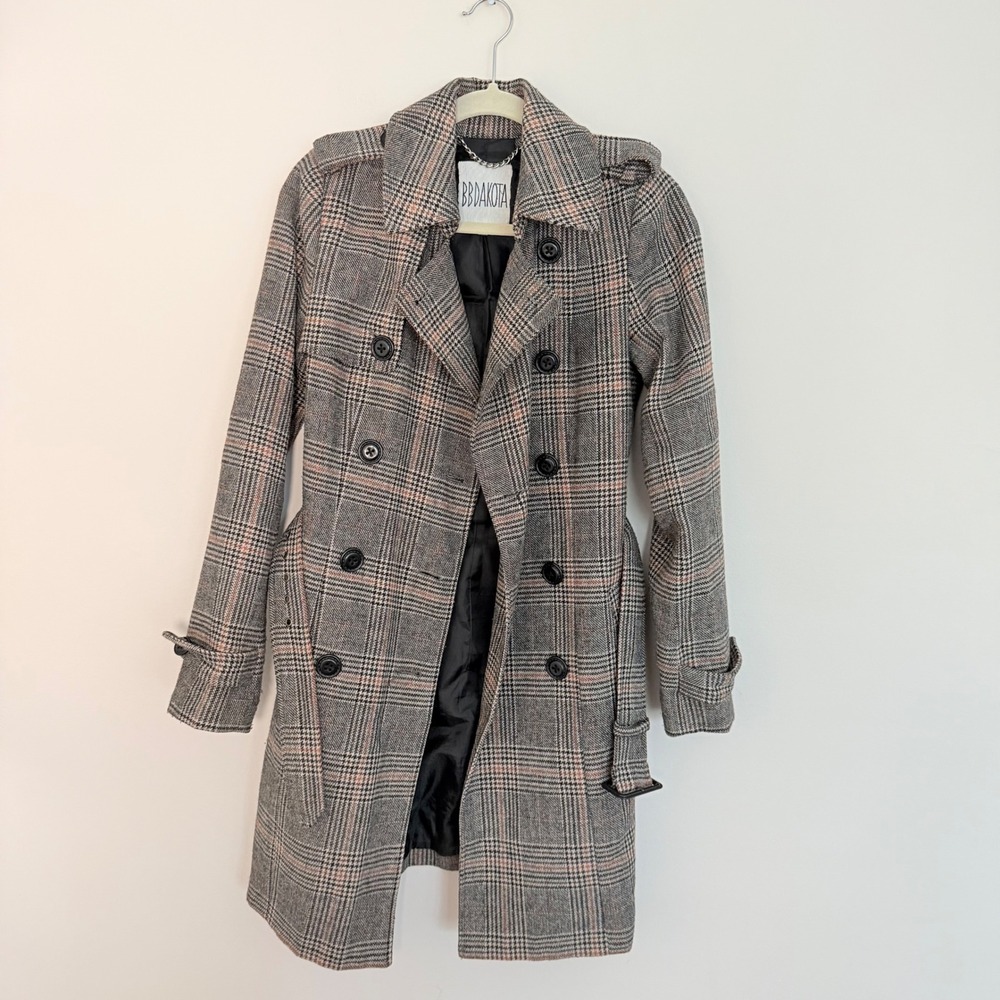 Women's BB Dakota Long Plaid Pea Coat Jacket Wool Blend Black Cream Size S